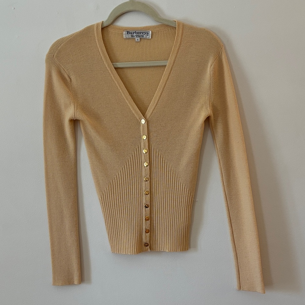 Vintage Burberry Ribbed Wool Cardigan Butter Yellow Tan Women's size Small‎